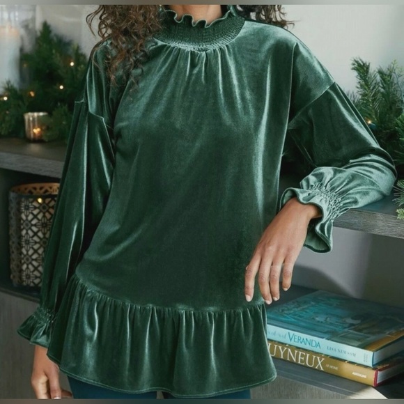 Soft Surroundings Floriana Velvet Peplum Ruffle Blouse Pine Grove Size Medium - Picture 1 of 13